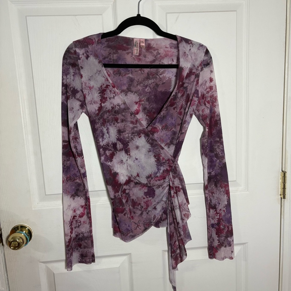 Sweet Pea Babydoll Top Women’s M V-Neck Purple Mesh Floral Faux Wrap Vintage Y2K